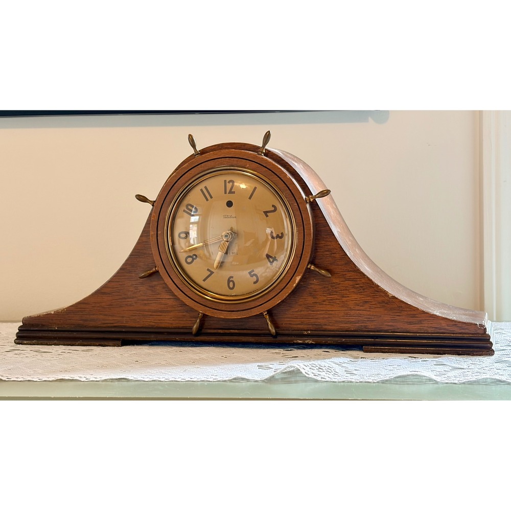 Vintage Telechron Ships Bell Wood Mantel Clock Nautical Ship Wheel - Picture 5 of 8